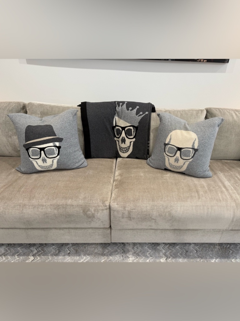 Rani Arabella Skull with Glasses Throw Pillows and Blanket Set - Gray + Black